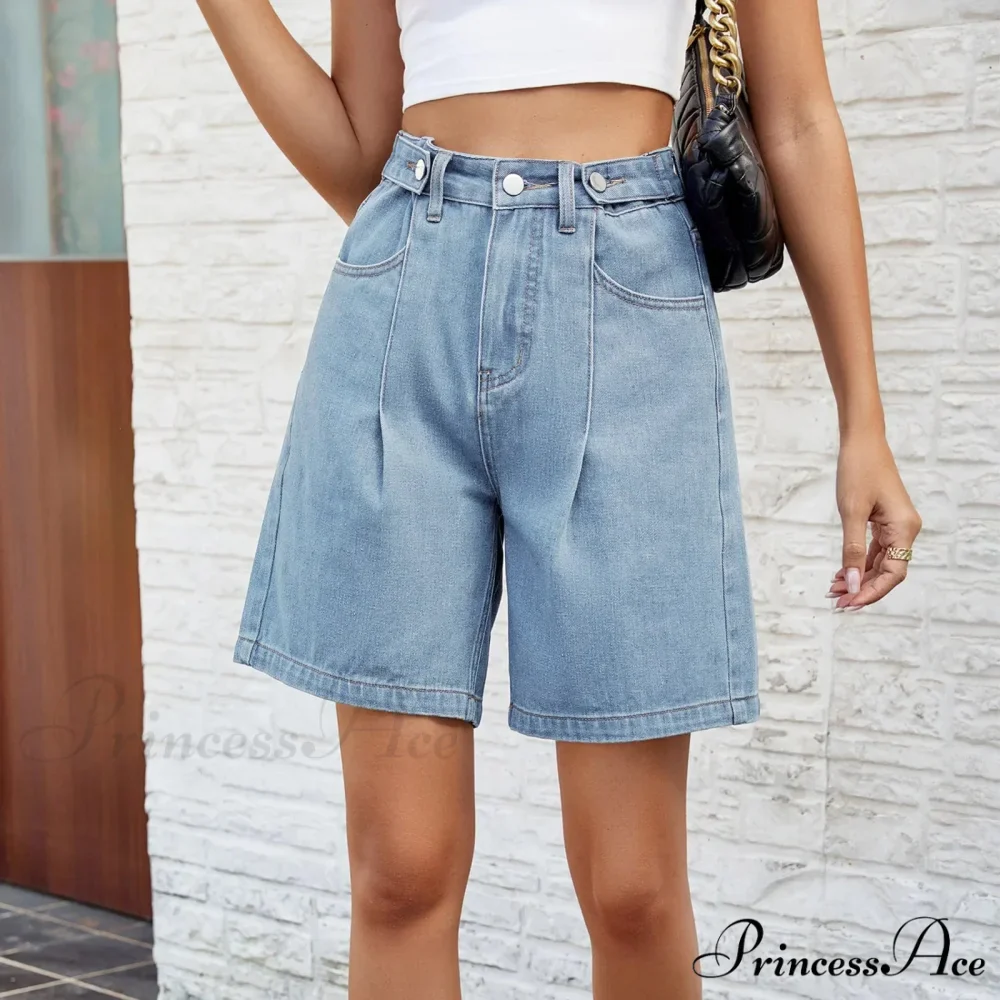 Korean Style Classic Comfortable Adjustable Quarter Blue High Waisted Wide Leg Short - Image 6