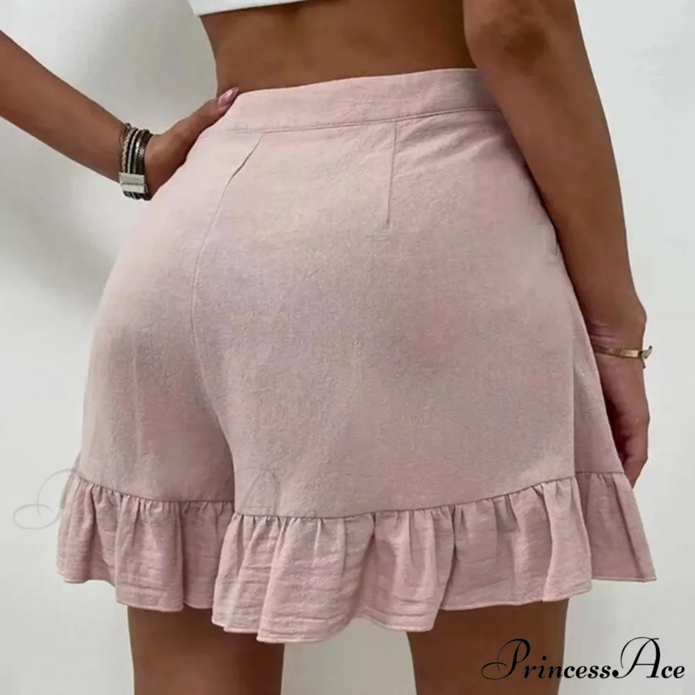 Summer Loose Fitting Wide Leg A Line Ruffle Trim Cotton Linen Texture Soft Wear Short - Image 4