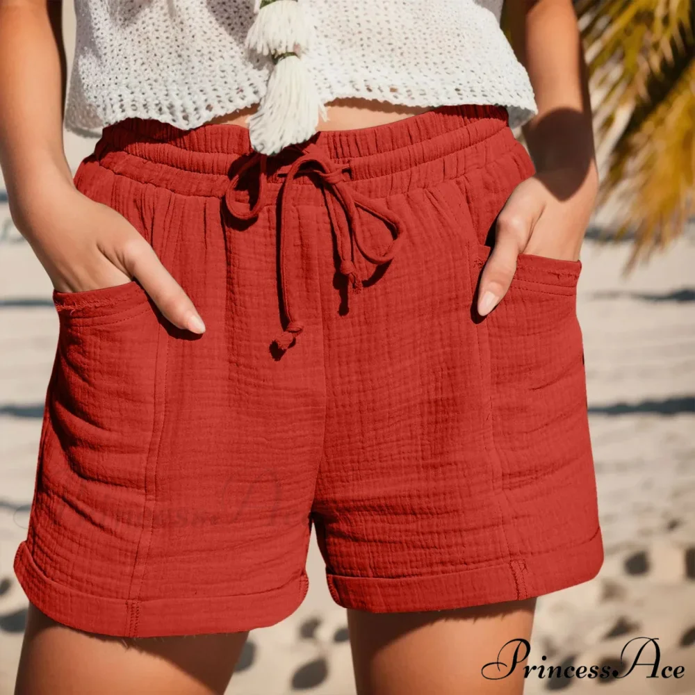 Elastic Band Cotton Fashion Waist Straight Leg Sport Loose With Drawstring Pockets Short - Image 2