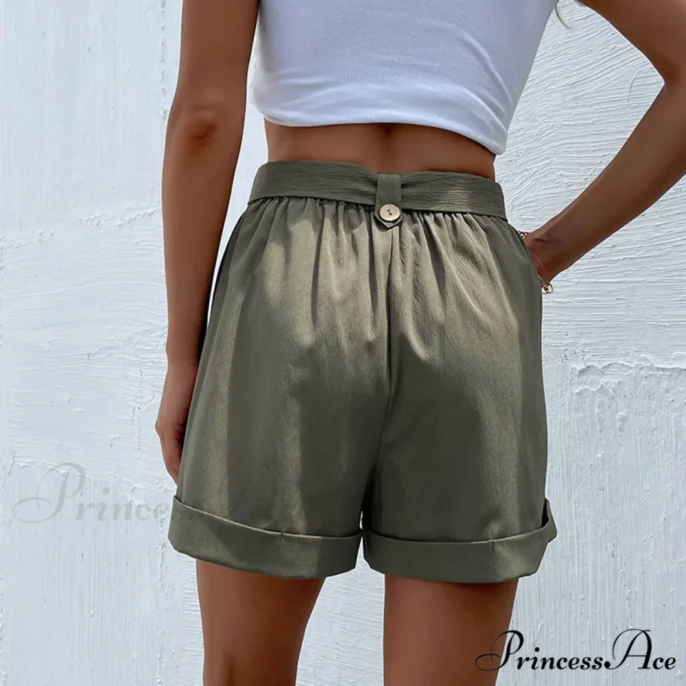 Fashion Casual Basic Summer New Casual Green Female With Belt Short - Image 2