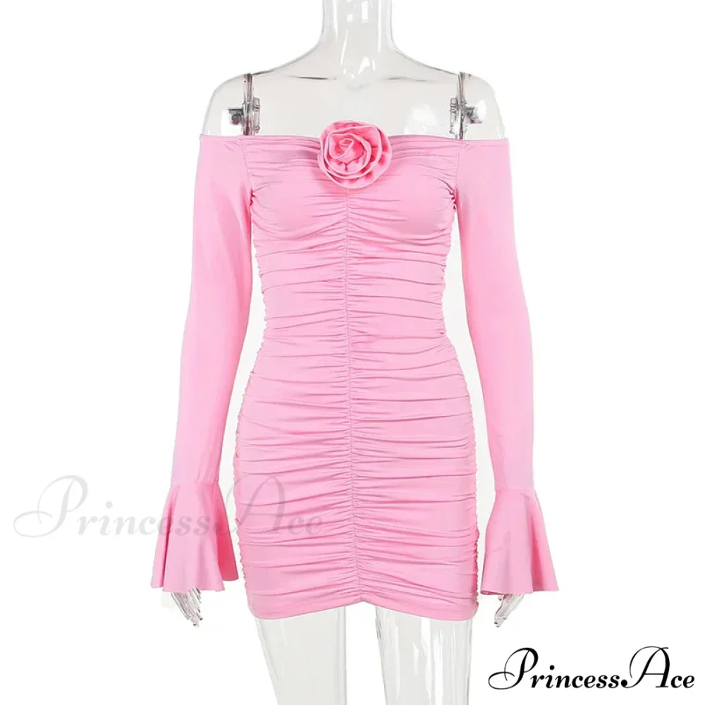 Fashion 3D Flower Pleated Mini Elegant Flare Sleeve 2024 Ladies Party Club Bodycon Dress - Image 3