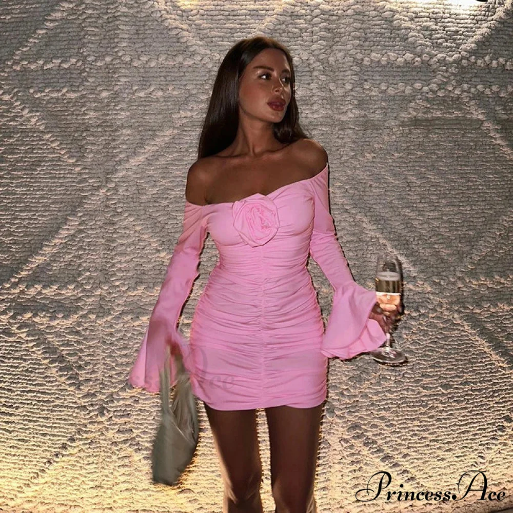 Fashion 3D Flower Pleated Mini Elegant Flare Sleeve 2024 Ladies Party Club Bodycon Dress - Image 4