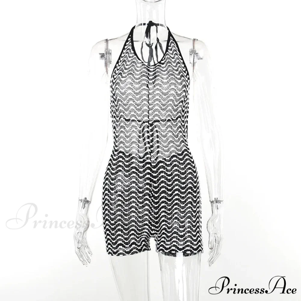 Striped Print Halter Lace Up Backless One Piece Summer 2024 Fashion Overalls Streetwear Bodycon Dress - Image 3