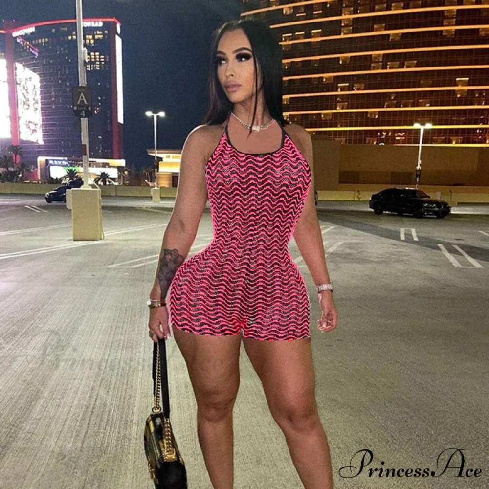 Striped Print Halter Lace Up Backless One Piece Summer 2024 Fashion Overalls Streetwear Bodycon Dress - Image 7