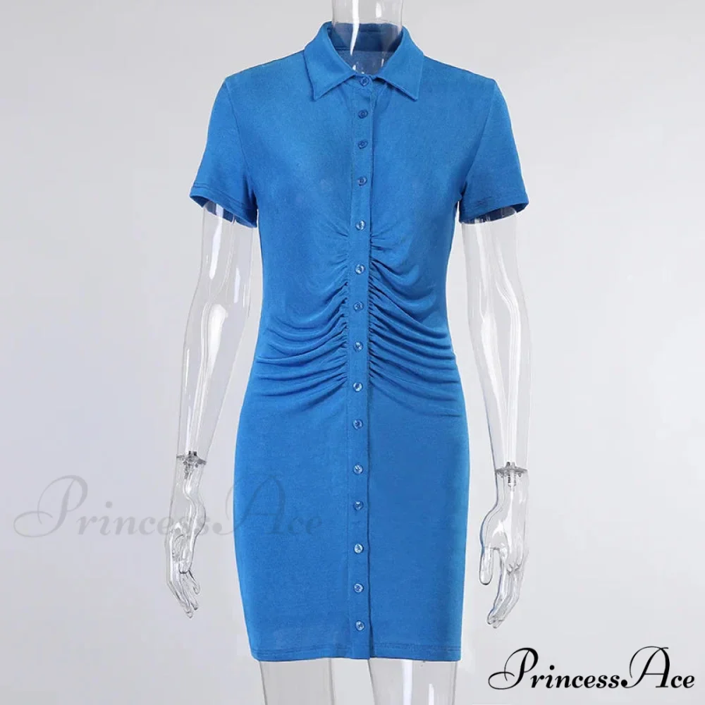 Single-breasted Blue Short-sleeved Splicing Lapel Short Casual Bodycon Dress - Image 3