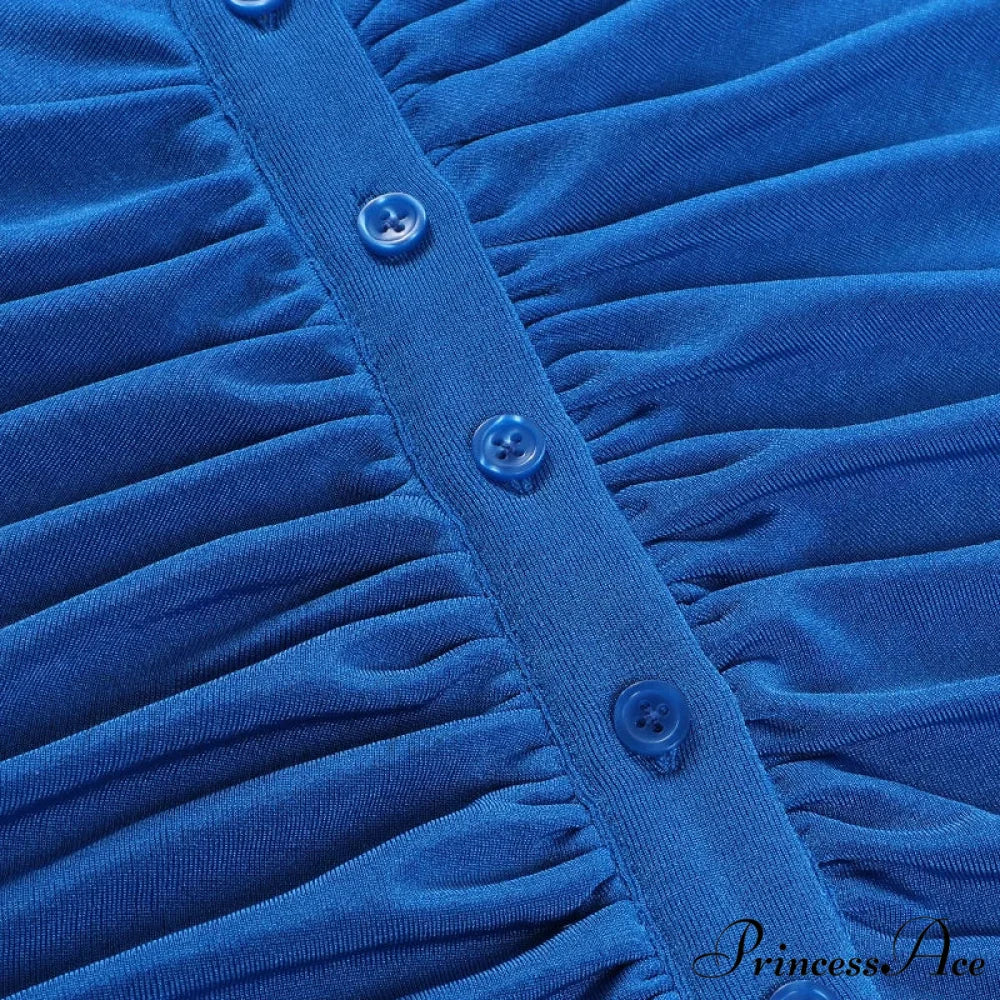 Single-breasted Blue Short-sleeved Splicing Lapel Short Casual Bodycon Dress - Image 6
