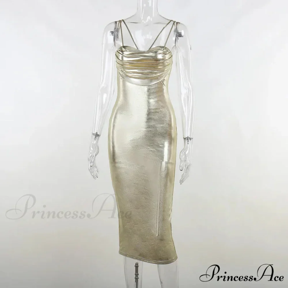 Spaghetti Strap Gold Midi Fashion Wrap Chest Slim Backless 2024 Summer Party Club Bodycon Dress - Image 3