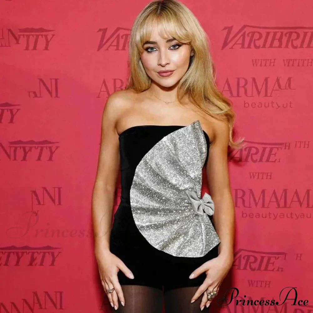 Strapless Backless Pleated Sexy Shinny Bow Mini Chic Patchwork Banquet Ball Evening Bodycon Dress - Image 2