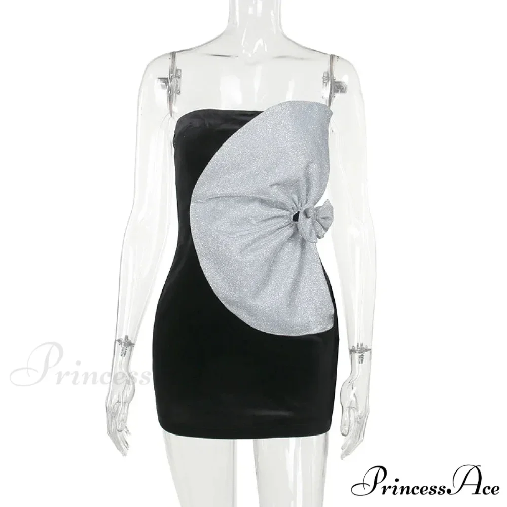 Strapless Backless Pleated Sexy Shinny Bow Mini Chic Patchwork Banquet Ball Evening Bodycon Dress - Image 3