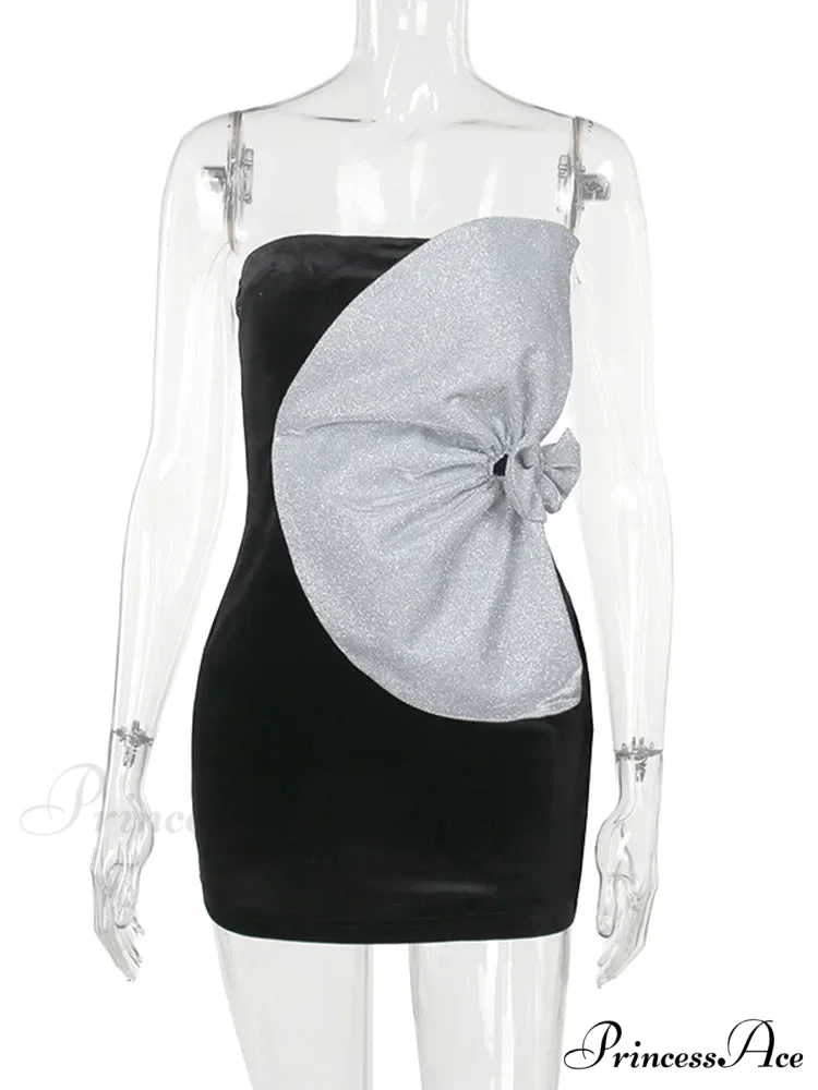 Strapless Backless Pleated Sexy Shinny Bow Mini Chic Patchwork Banquet Ball Evening Bodycon Dress - Image 7