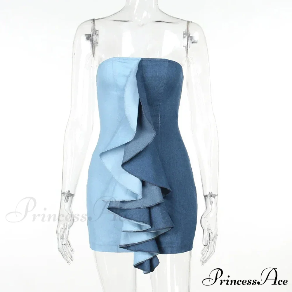 Color Patchwork Ruffles Sexy Mini Strapless Off Shoulder Party 2024 Spring Fall Y2K Clothes Bodycon Dress - Image 3