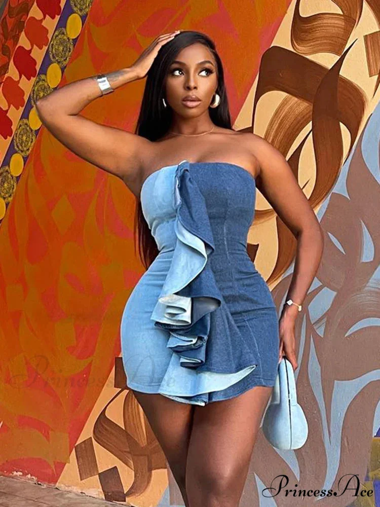 Color Patchwork Ruffles Sexy Mini Strapless Off Shoulder Party 2024 Spring Fall Y2K Clothes Bodycon Dress - Image 7