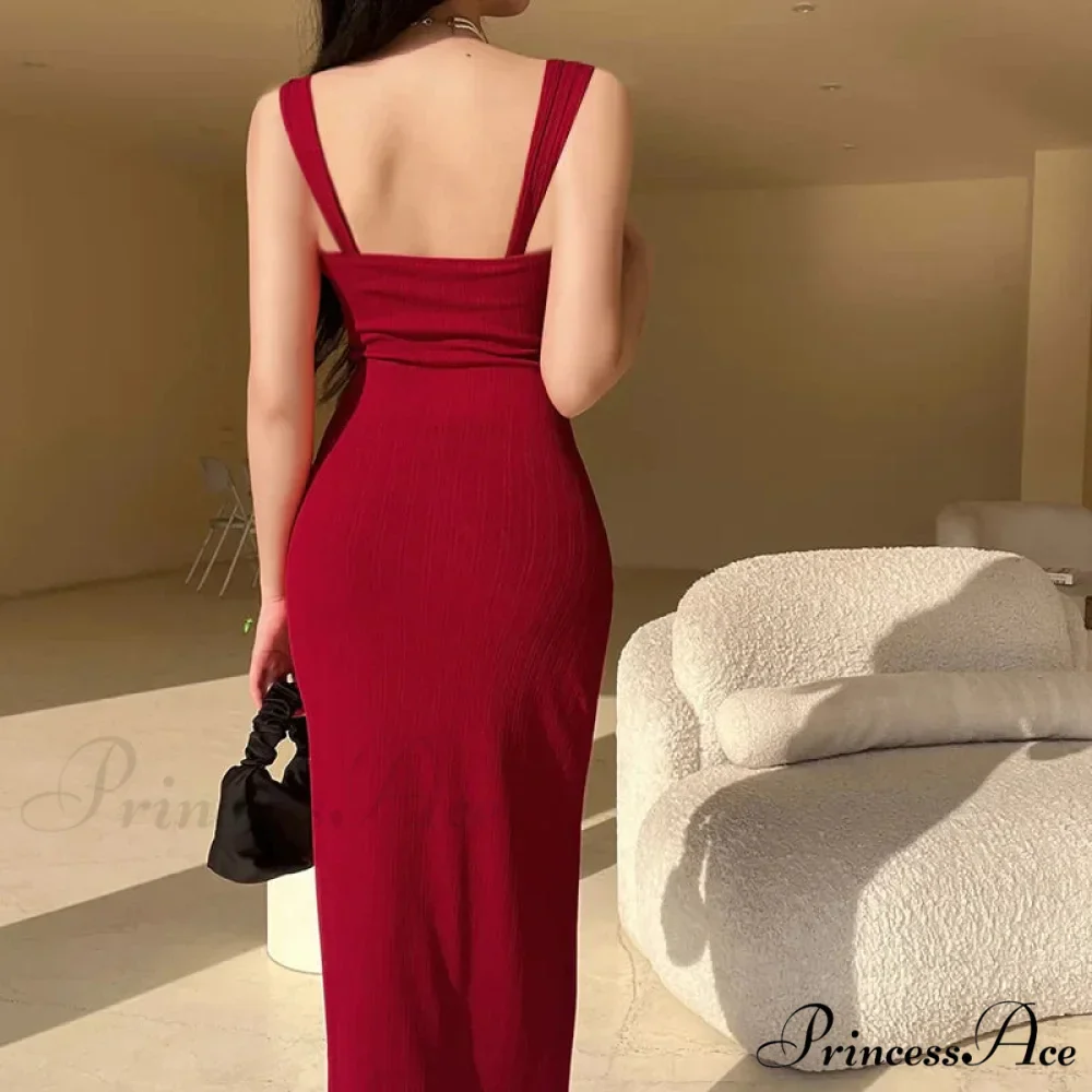 Solid Spaghetti Strap Backless Summer Casual Elegant Party Bodycon Dress - Image 2