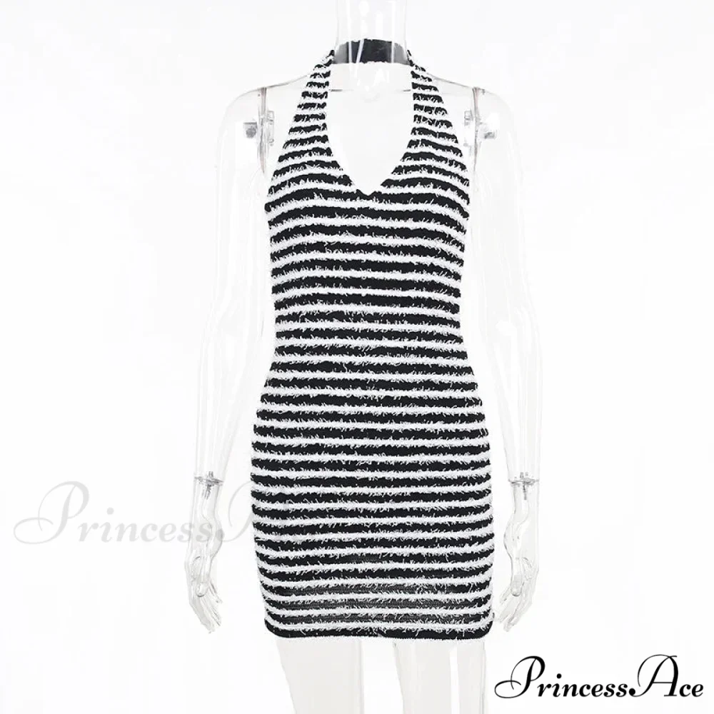 Black and White Striped Knitted Vacation Deep V Halter Bodycon Dress - Image 4