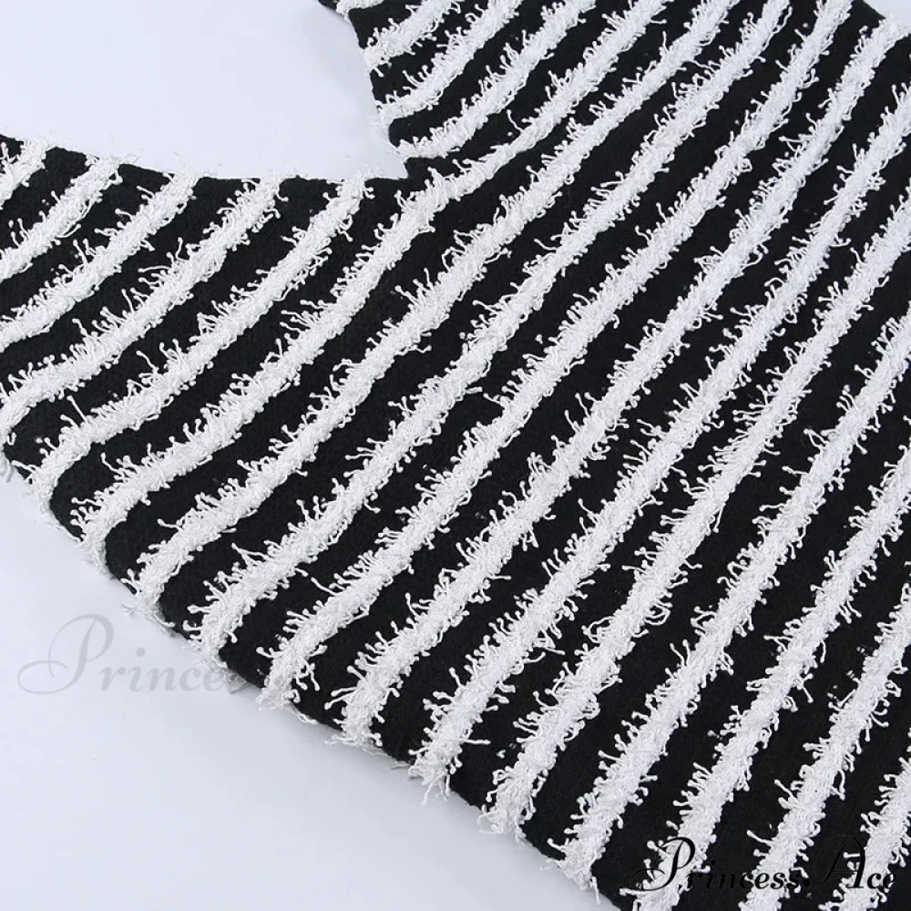 Black and White Striped Knitted Vacation Deep V Halter Bodycon Dress - Image 5