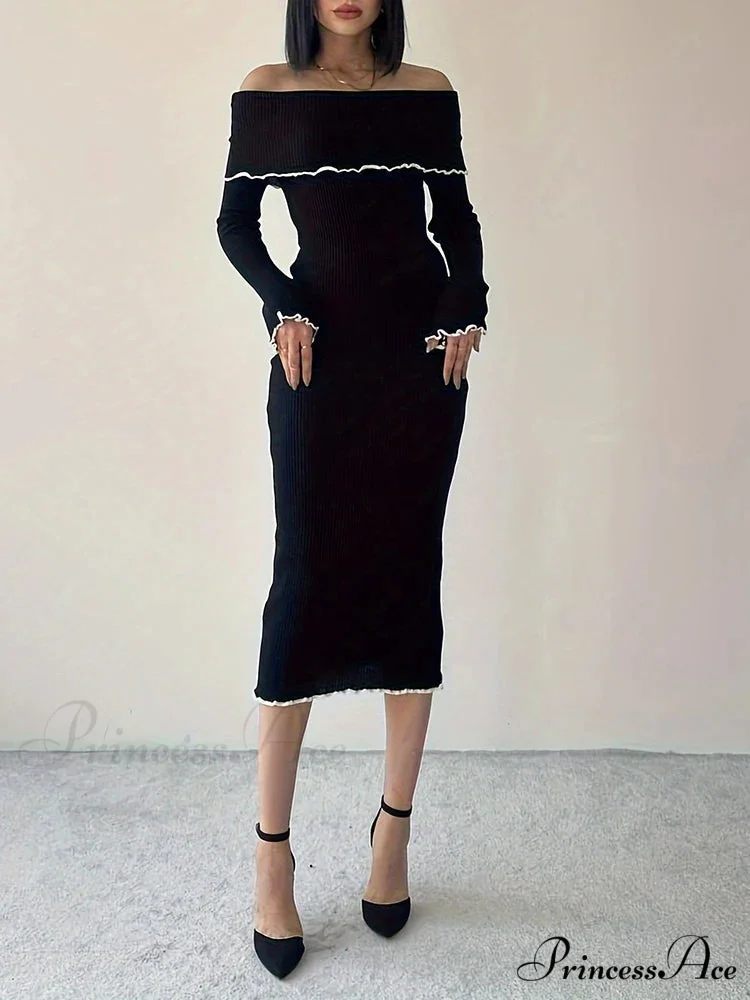 Autumn Winter Black Long Slash Neck Straight Elegant Party Clubwear Bodycon Dress - Image 3
