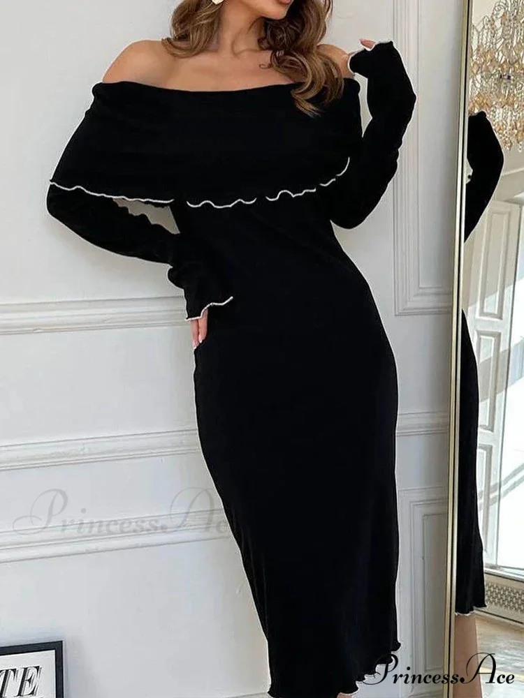 Autumn Winter Black Long Slash Neck Straight Elegant Party Clubwear Bodycon Dress - Image 4