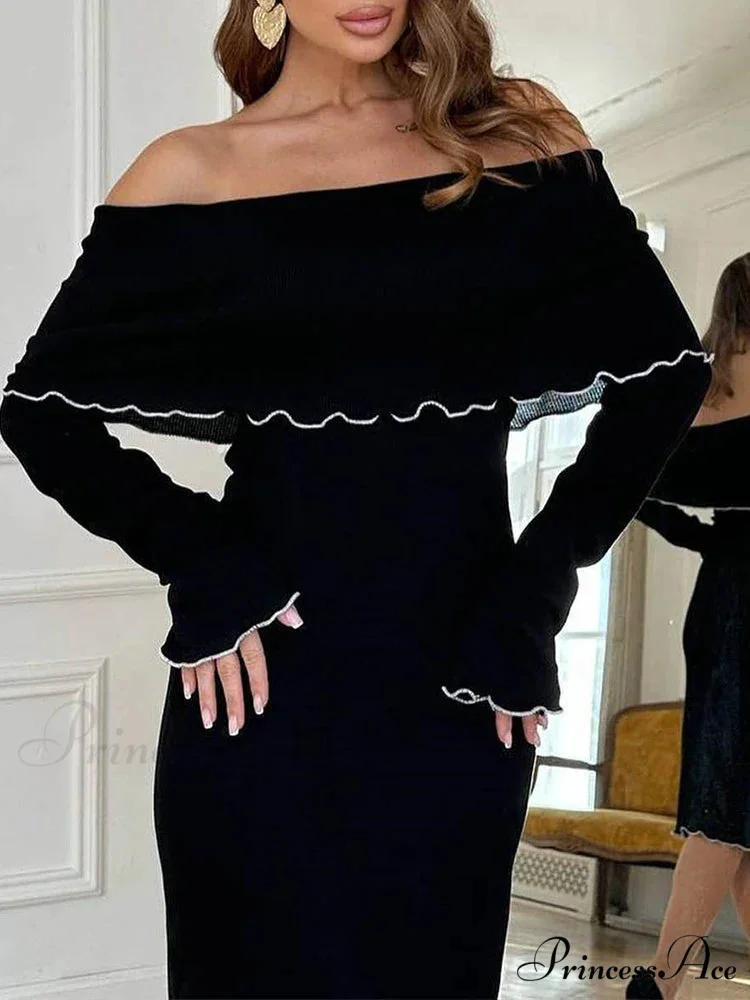 Autumn Winter Black Long Slash Neck Straight Elegant Party Clubwear Bodycon Dress - Image 5