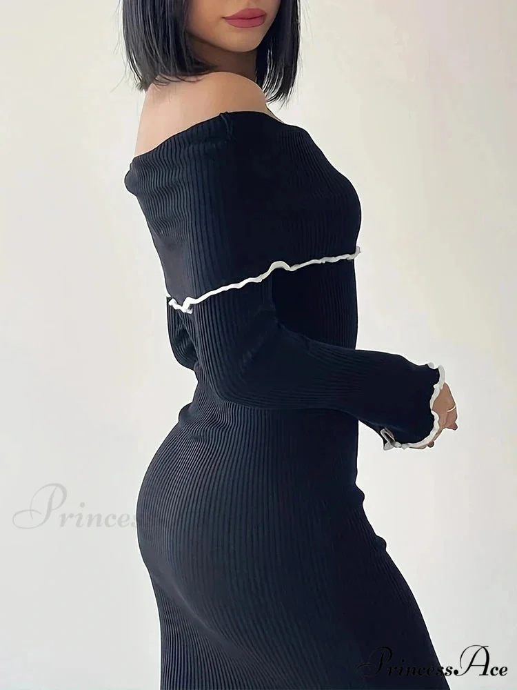 Autumn Winter Black Long Slash Neck Straight Elegant Party Clubwear Bodycon Dress - Image 6