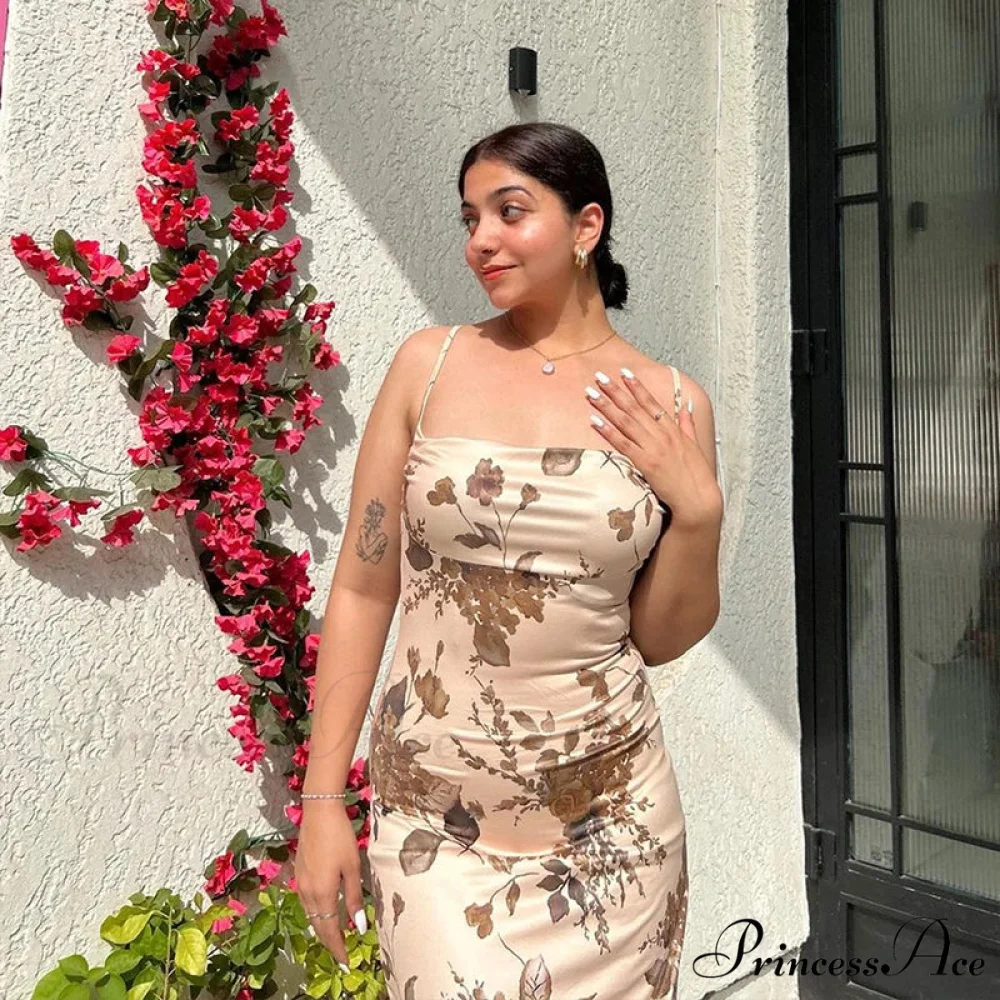 Sleeveless Floral Print Backless Slim Strap Fashion Elegant Party Long Bodycon Dress - Image 2