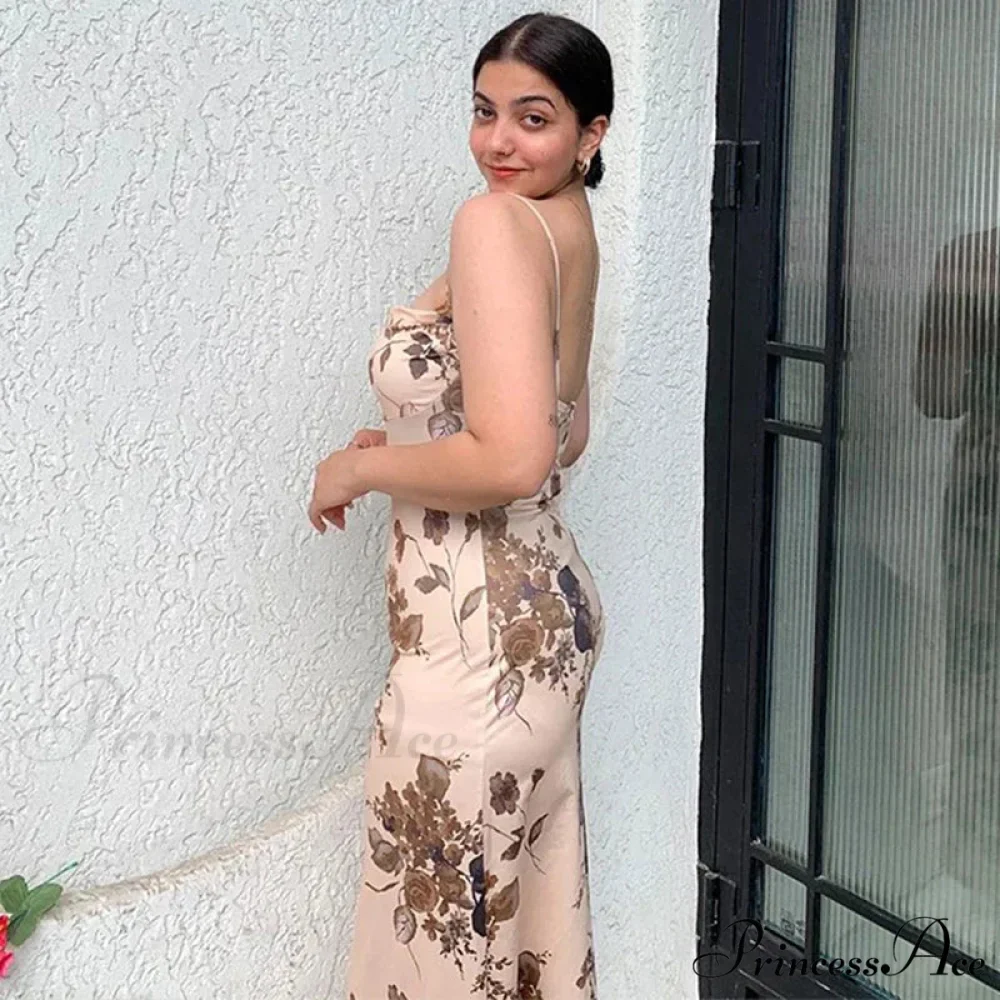 Sleeveless Floral Print Backless Slim Strap Fashion Elegant Party Long Bodycon Dress - Image 3