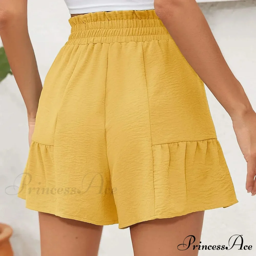 Loose Wide Lightweight High Waisted Adjustable Tie Knot Yellow Short - Image 2