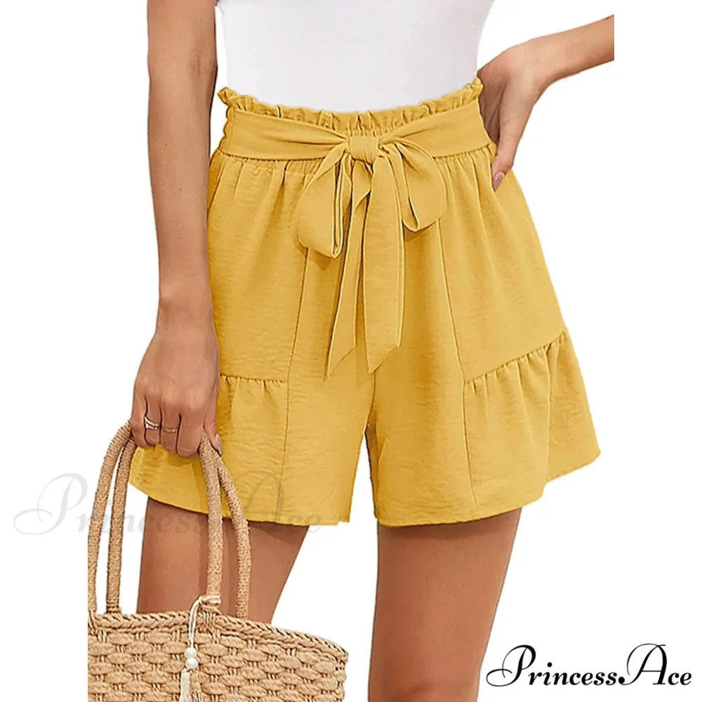 Loose Wide Lightweight High Waisted Adjustable Tie Knot Yellow Short - Image 8