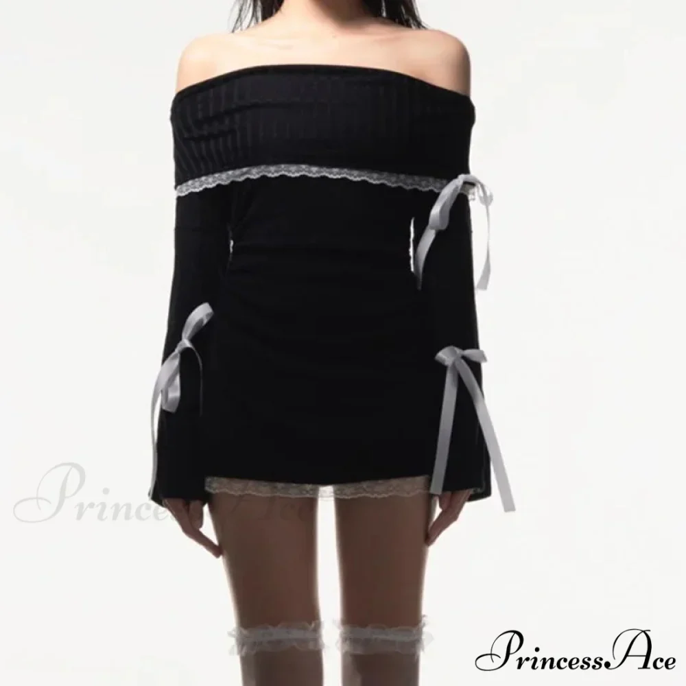 Strapless Black Autumn Off Shoulder Long Lace Knitting Bandage Mini Elegant Club Partywear Bodycon Dress - Image 2