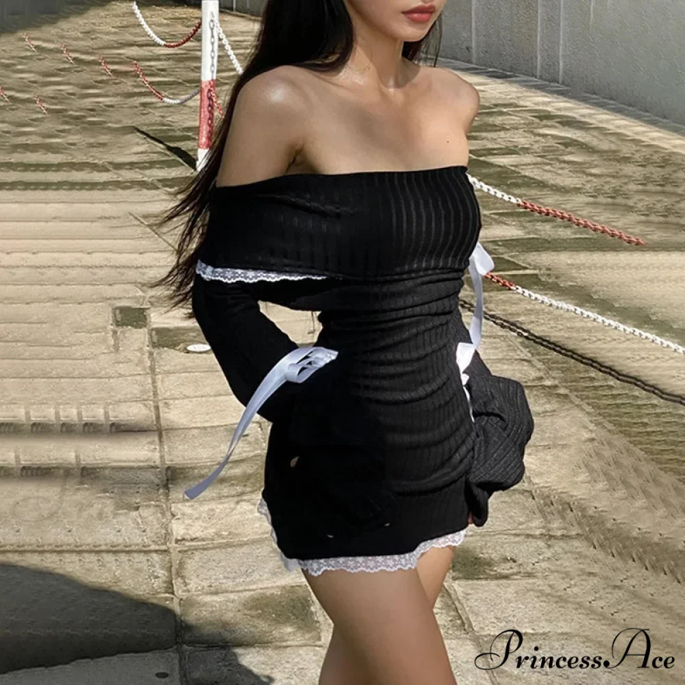 Strapless Black Autumn Off Shoulder Long Lace Knitting Bandage Mini Elegant Club Partywear Bodycon Dress - Image 3