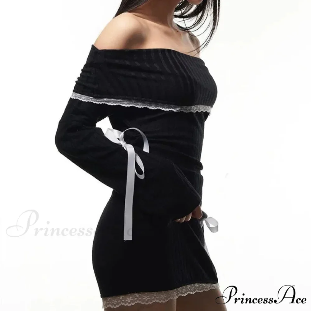 Strapless Black Autumn Off Shoulder Long Lace Knitting Bandage Mini Elegant Club Partywear Bodycon Dress - Image 5
