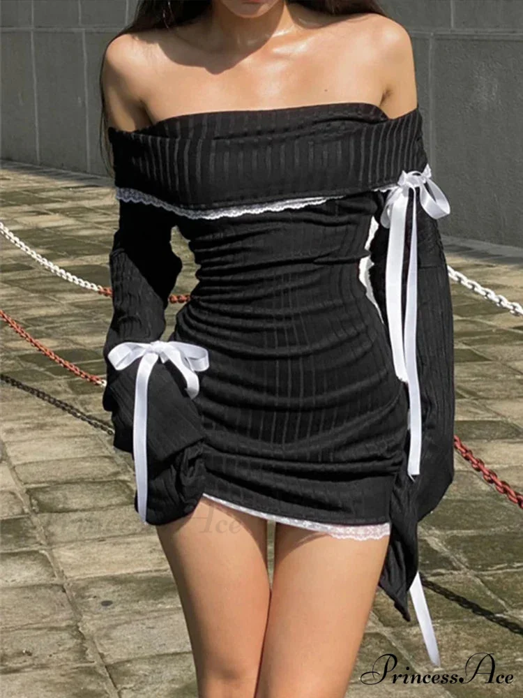 Strapless Black Autumn Off Shoulder Long Lace Knitting Bandage Mini Elegant Club Partywear Bodycon Dress - Image 7