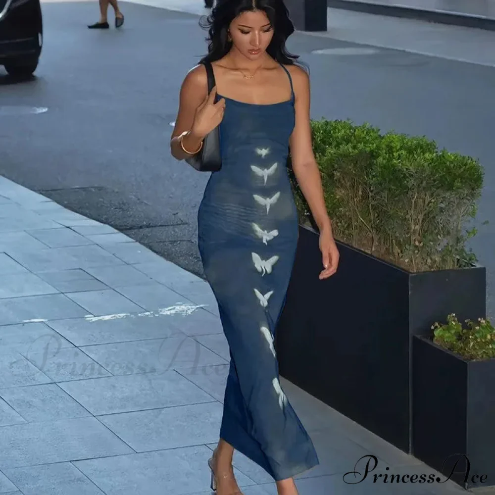 Summer Sleeveless Fashion Print Backless Slim Strap Long Elegant Club Party Bodycon Dress - Image 2
