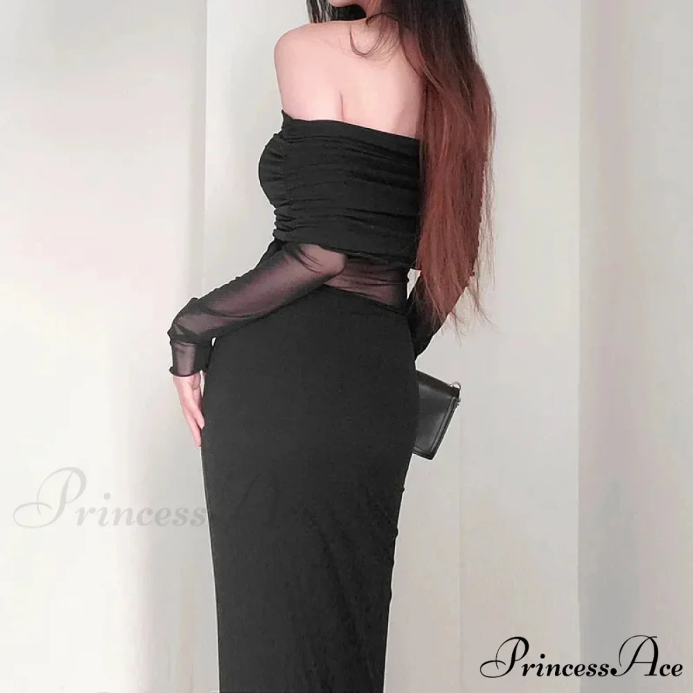 Autumn Sexy Strapless Black Lace Patchwork Long Streetwear Club Long Bodycon Dress - Image 2
