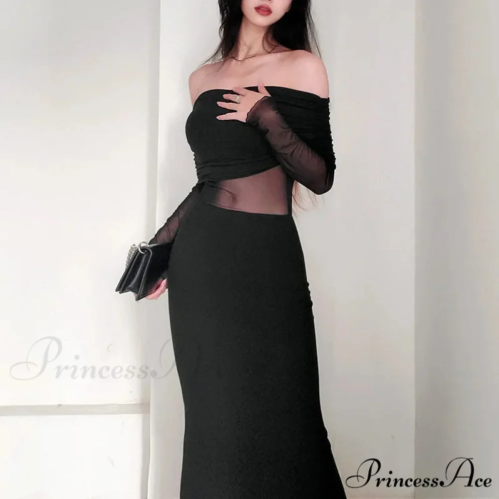 Autumn Sexy Strapless Black Lace Patchwork Long Streetwear Club Long Bodycon Dress - Image 3