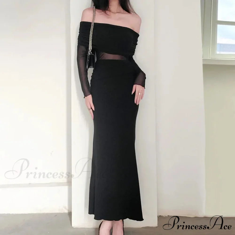 Autumn Sexy Strapless Black Lace Patchwork Long Streetwear Club Long Bodycon Dress - Image 4