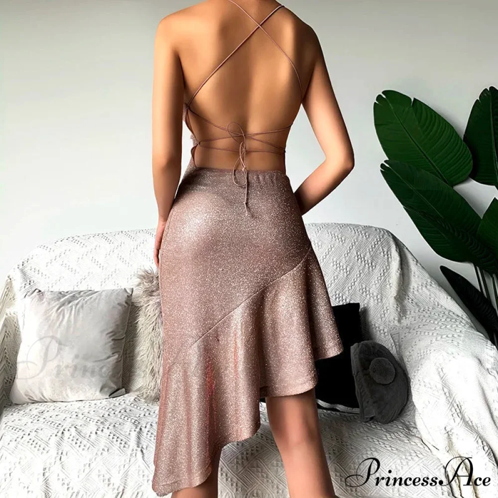 Party Backless Asymmetry Ruffles Hem Spaghetti Strap V-Neck Sleeveless Mini Lace up Bodycon Dress - Image 2