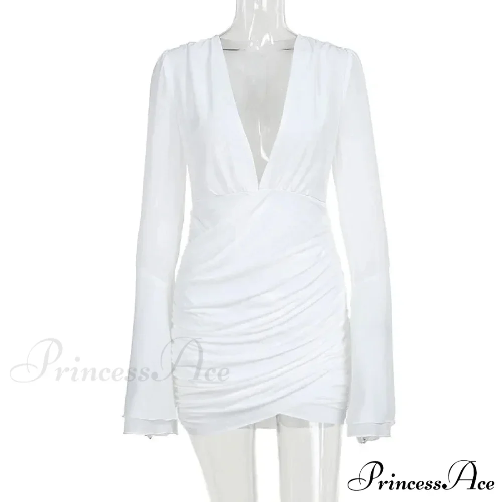 Mesh V Neck Pleated Short Flare Sleeve Slim High Waist Mini Night Club Bodycon Dress - Image 3