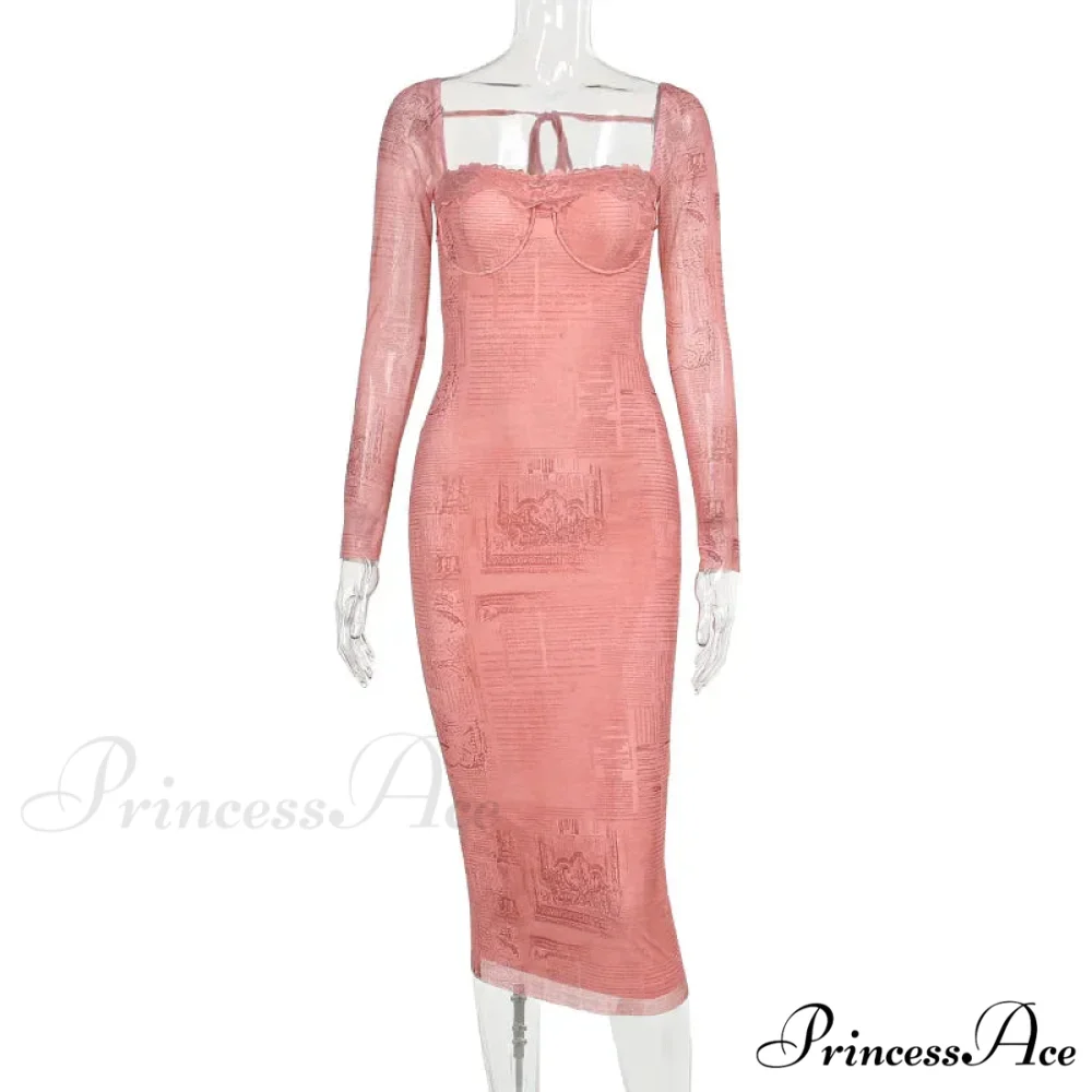 Vintage Lace Print Autumn Long Sleeve Slim Lace Up Backless Femme Bodycon Dress - Image 3