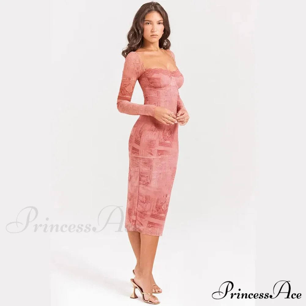 Vintage Lace Print Autumn Long Sleeve Slim Lace Up Backless Femme Bodycon Dress - Image 4