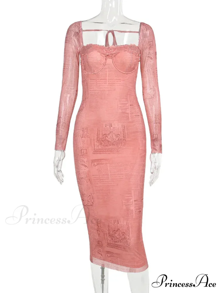 Vintage Lace Print Autumn Long Sleeve Slim Lace Up Backless Femme Bodycon Dress - Image 7