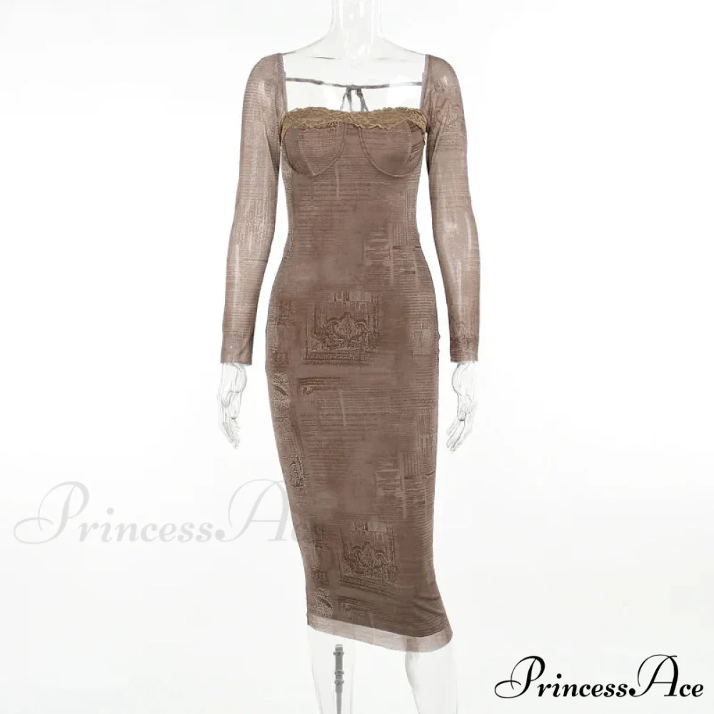 Vintage Lace Print Autumn Long Sleeve Slim Lace Up Backless Femme Bodycon Dress - Image 8