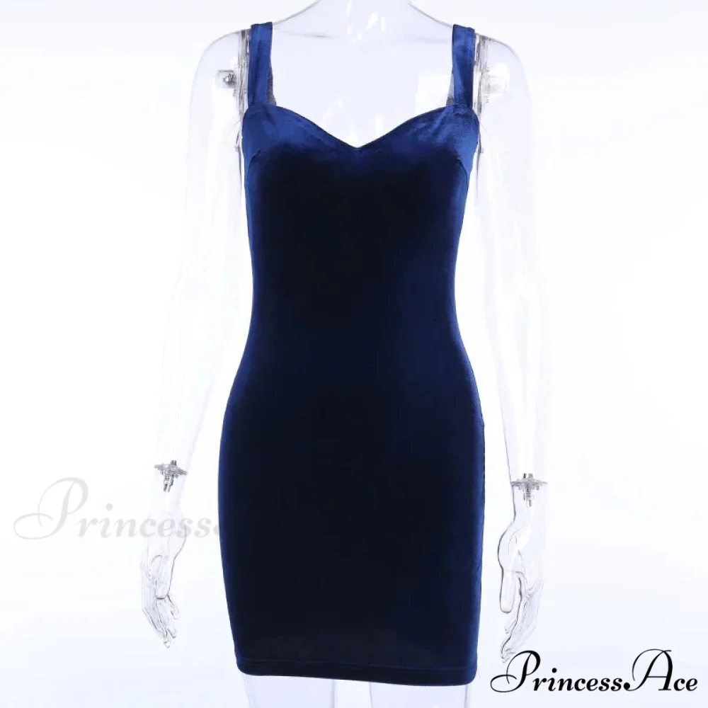 Blue V-Neck Spaghetti Strap Mini Sleeveless Skinny Soft Fashion Slim Bodycon Dress - Image 3