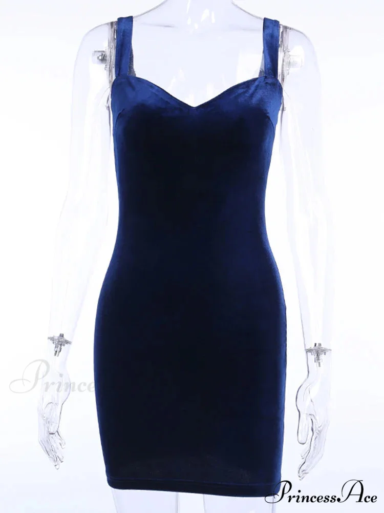 Blue V-Neck Spaghetti Strap Mini Sleeveless Skinny Soft Fashion Slim Bodycon Dress - Image 7