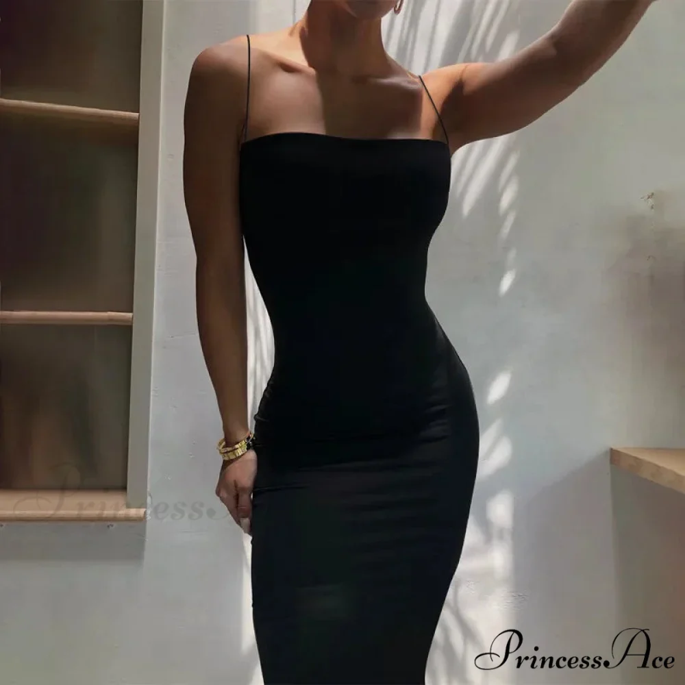 Summer Black Spaghetti Strap Backless Solid Sleeveless Elegant Party Bodycon Dress - Image 2