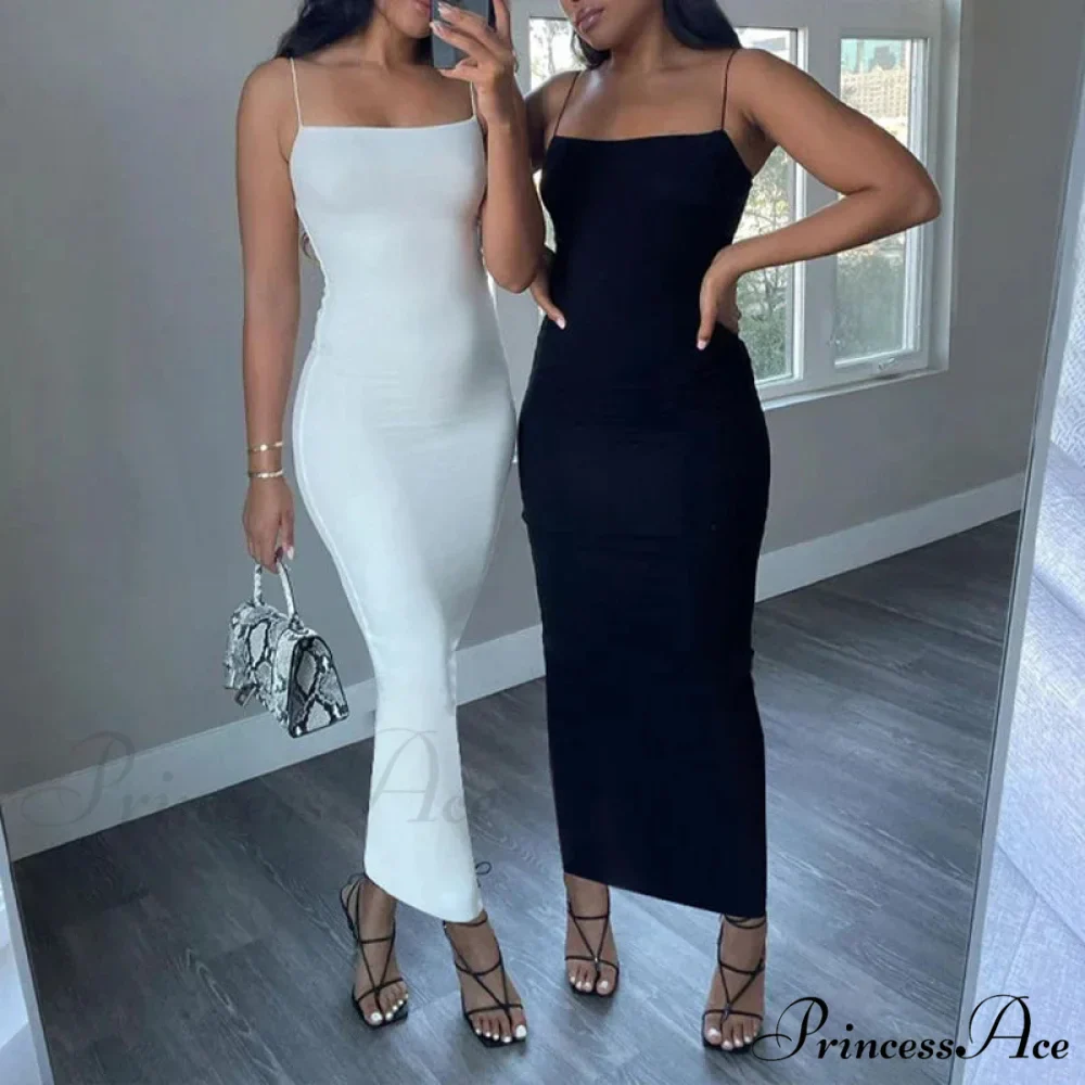 Summer Black Spaghetti Strap Backless Solid Sleeveless Elegant Party Bodycon Dress - Image 3