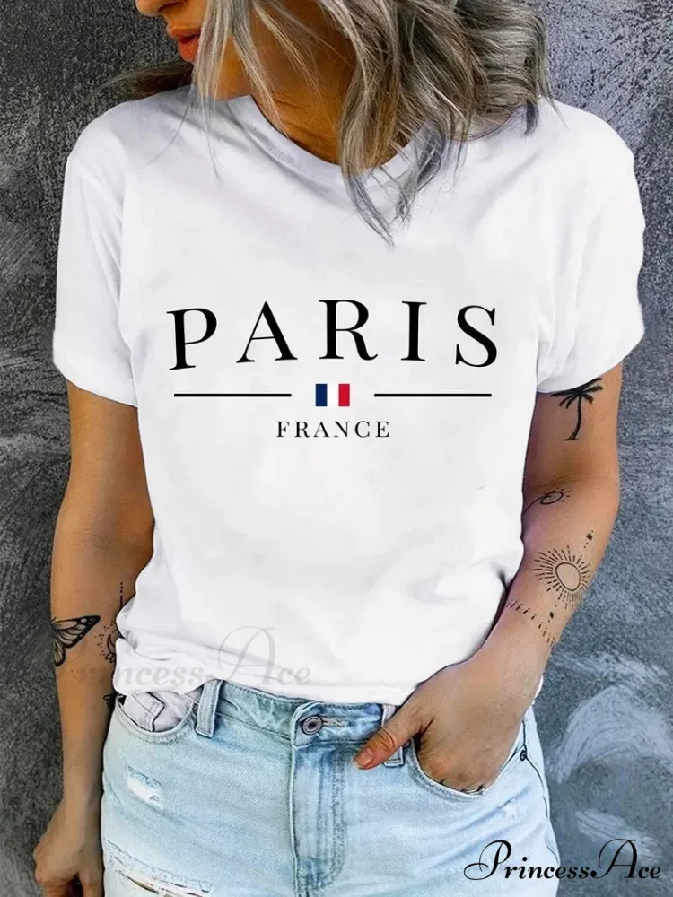 Plus Size PARIS Print Summer & Spring Casual Sleeve Crew Neck Women's Clothing T-shirt - Image 2