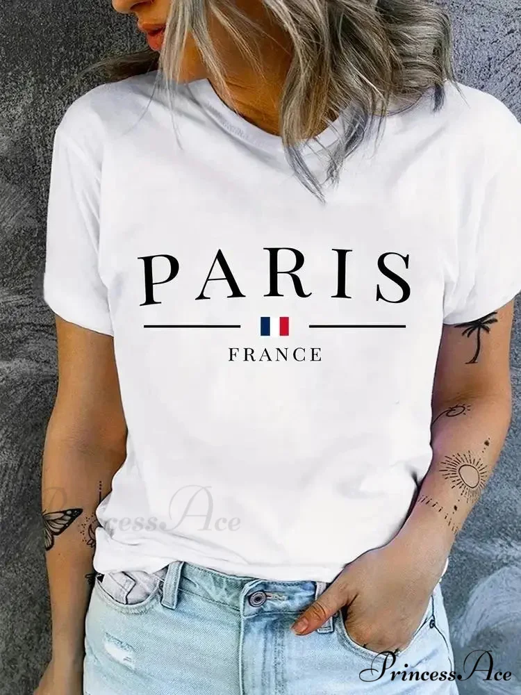 Plus Size PARIS Print Summer & Spring Casual Sleeve Crew Neck Women's Clothing T-shirt - Image 3