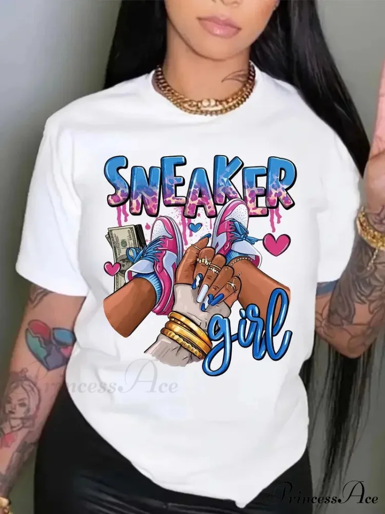 Size Sneaker Girl Graphic Print Casual Short Sleeve Crew Neck Women's Clothing T-shirt - Image 2