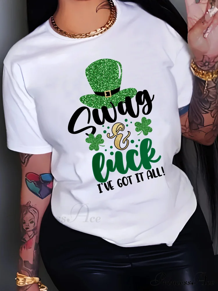All-Season Casual Women's St. Patrick's Festive Alphabet Print Tee T-shirt - Image 2