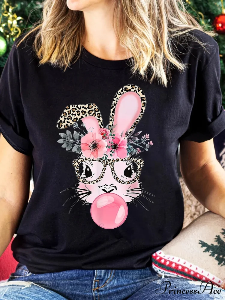 Short Sleeve Rabbit Print Crew Neck Top For Spring & Summer Women's Clothing T-shirt - Image 2